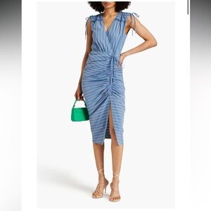 Veronica Beard Blue Green Teagan Striped Ruched Midi NWT